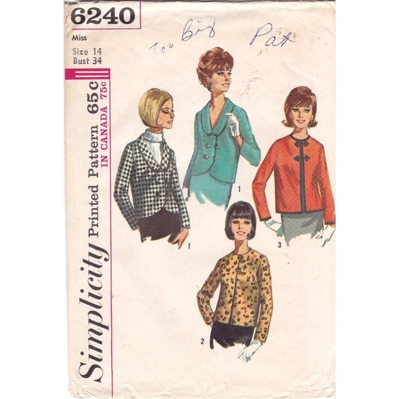 Vintage Sewing PATTERN Simplicity 6240, Misses 1965 Set of Jackets Lined Long - Picture 1 of 2